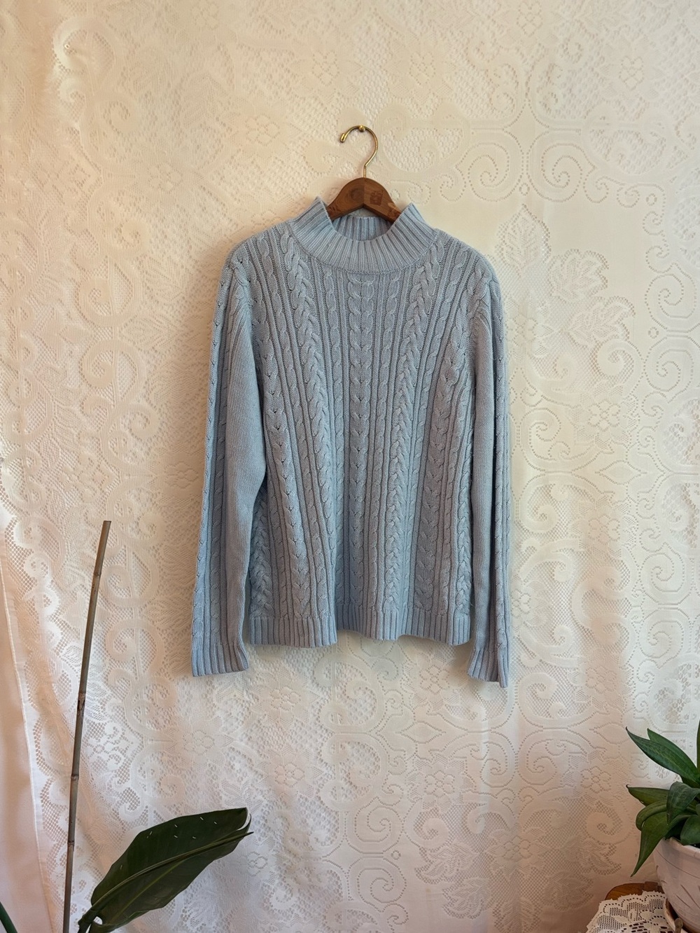 Classic Elements Pale Blue Cable Knit Turtleneck Sweater